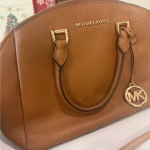 Michael Kors Brown Pebbled Leather Dome Satchel with Gold Hardware